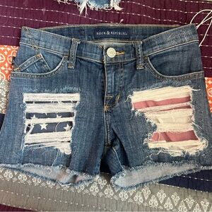 Rock & Republic Blue Denim Shorts with Flag Accents